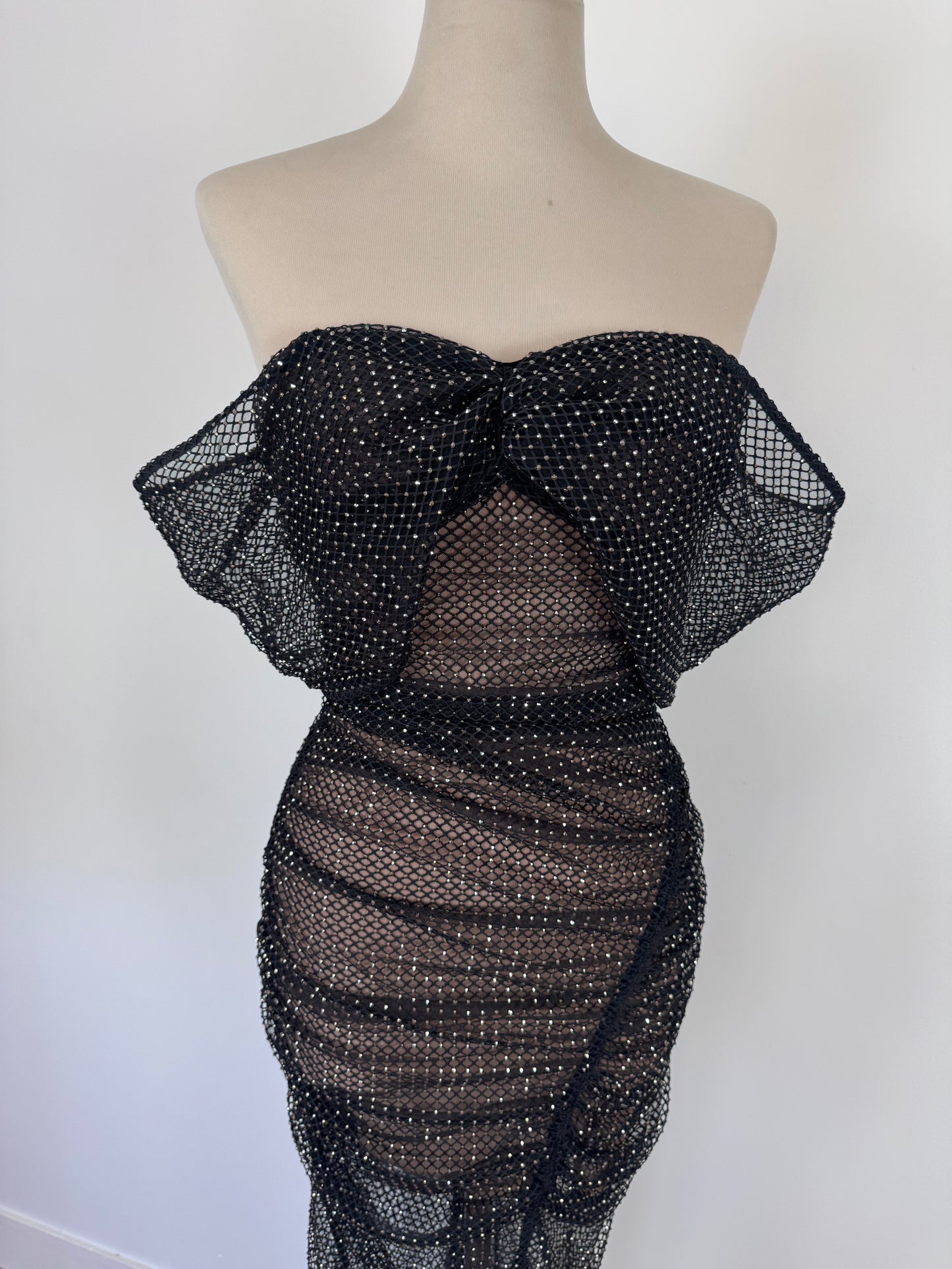 SELF-PORTRAIT diamante fishnet off shoulder midi dress black