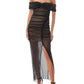 SELF-PORTRAIT diamante fishnet off shoulder midi dress black