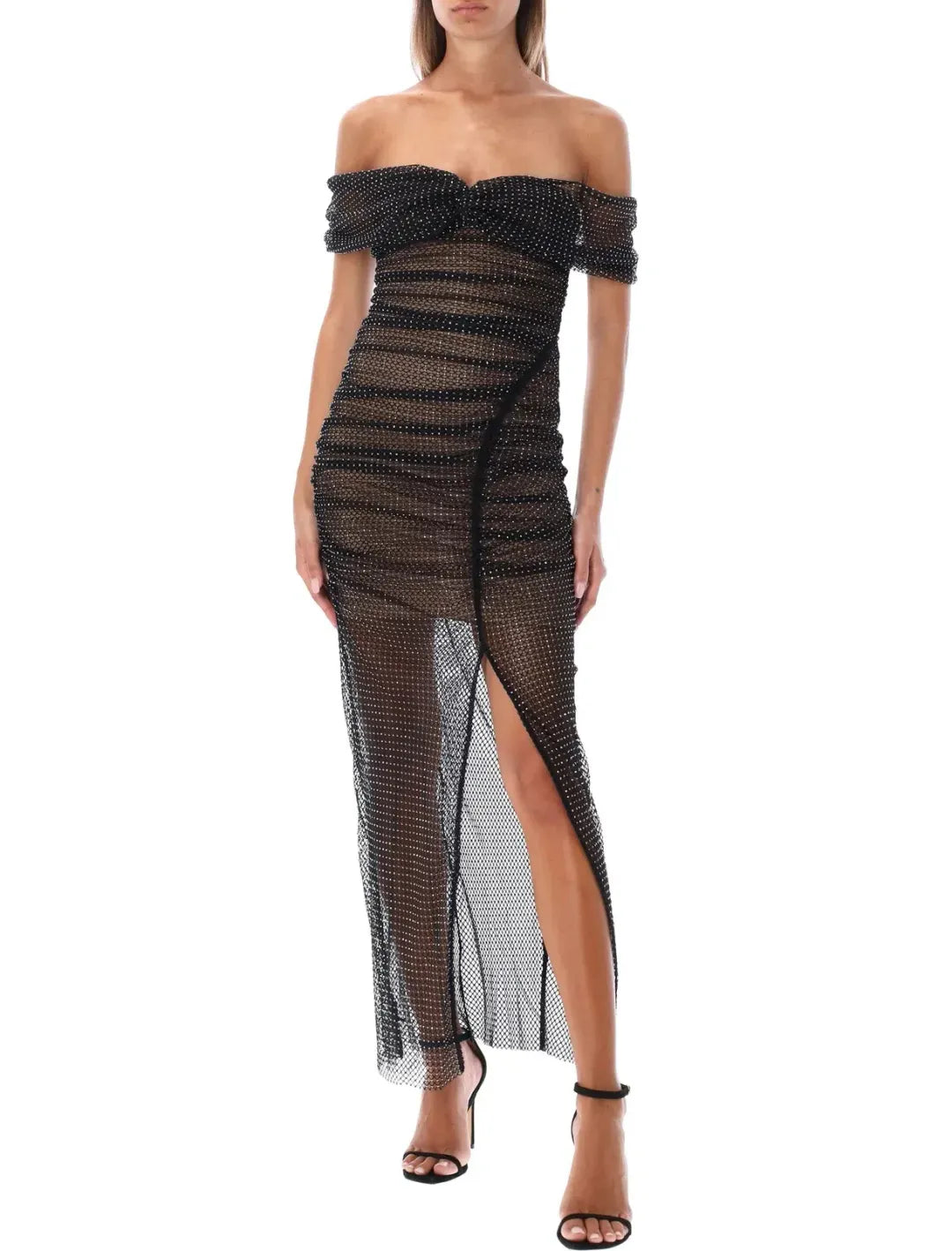 SELF-PORTRAIT diamante fishnet off shoulder midi dress black