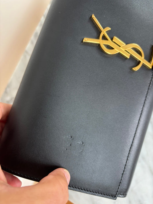 Black YSL Monogram Kate Tassel Clutch Bag with gold tassel