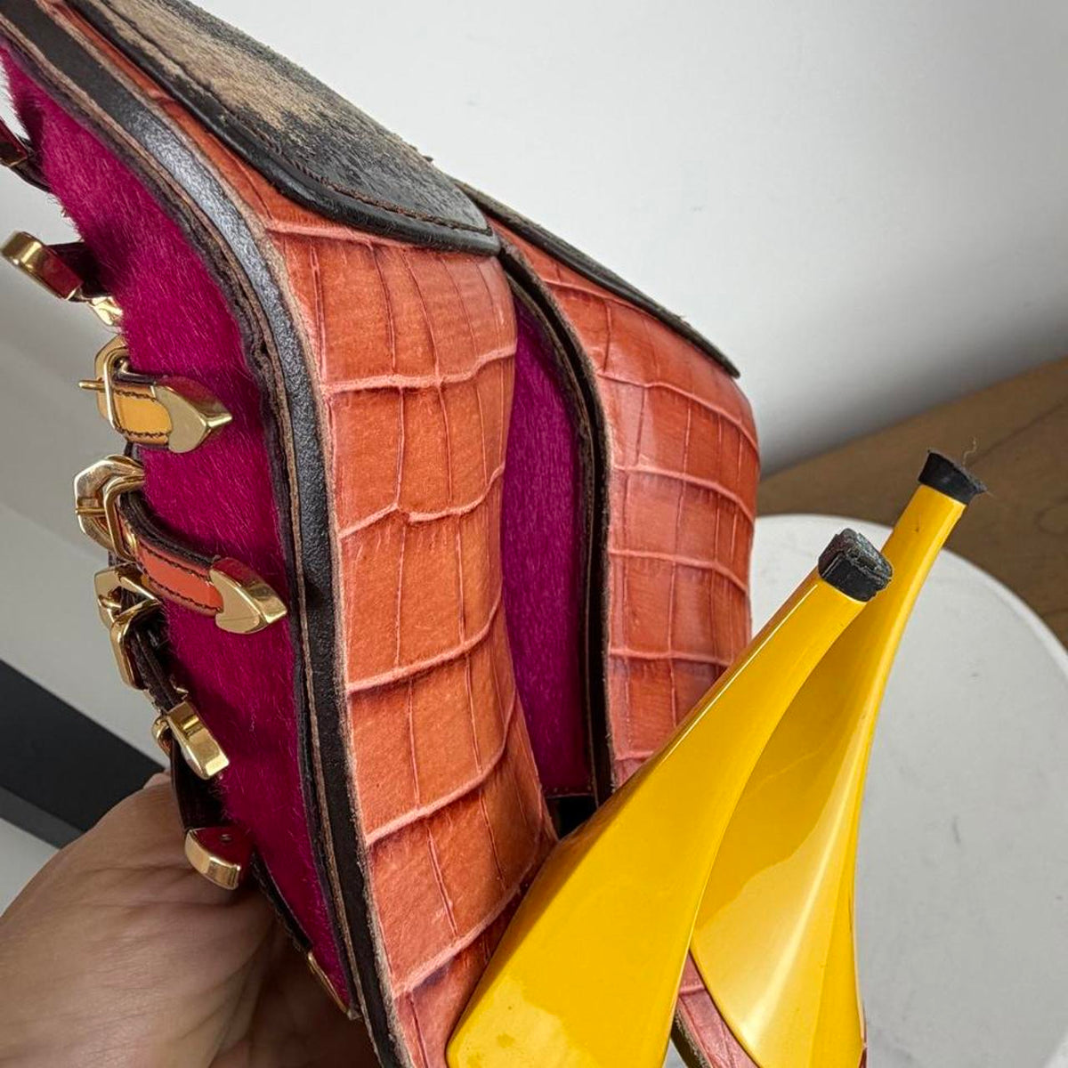 Louis Vuitton multicolored sandals with gold buckles and straps in magenta, orange, and yellow #luxury #designer