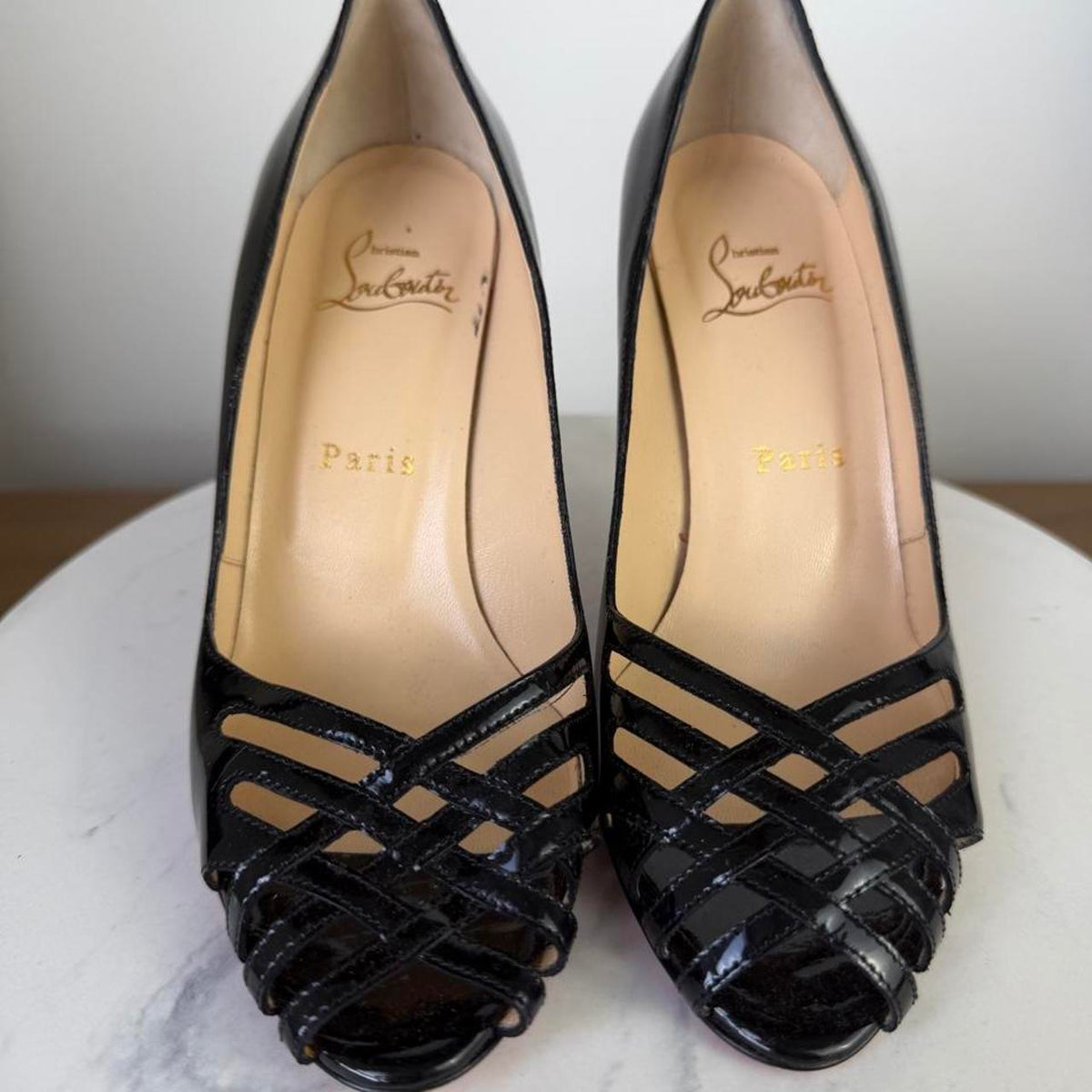Christian Louboutin black patent leather peep toe heels with red sole #glamour #luxury