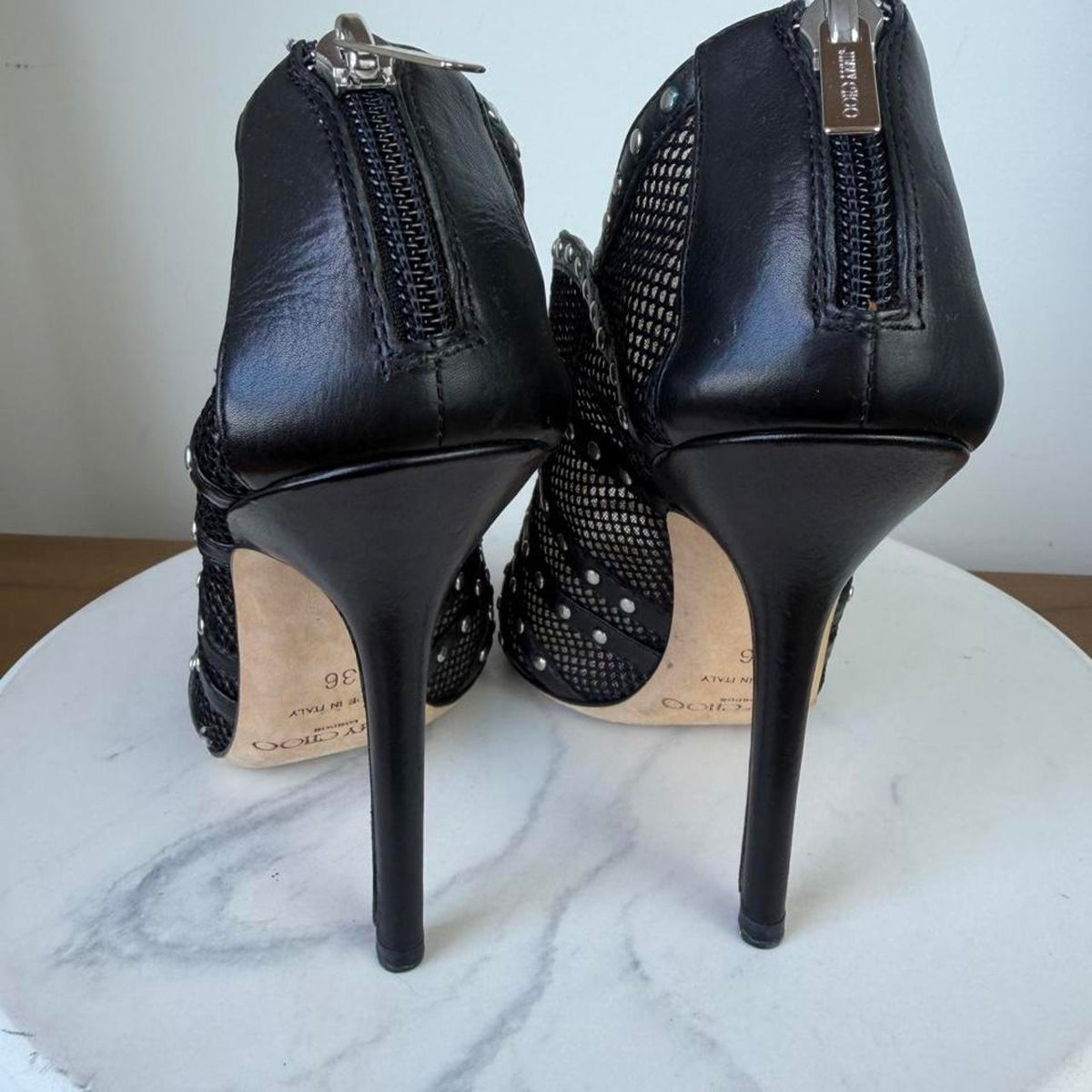Jimmy Choo black mesh studded wedge sandals with silver studs, size 36 eu #wedges #designer