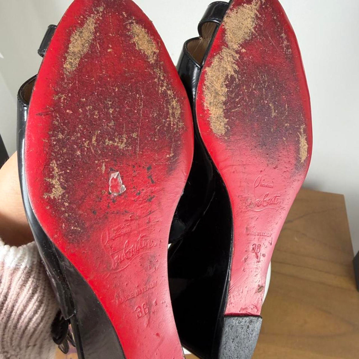 Christian Louboutin black patent leather peep toe slingback heels #luxury #designer