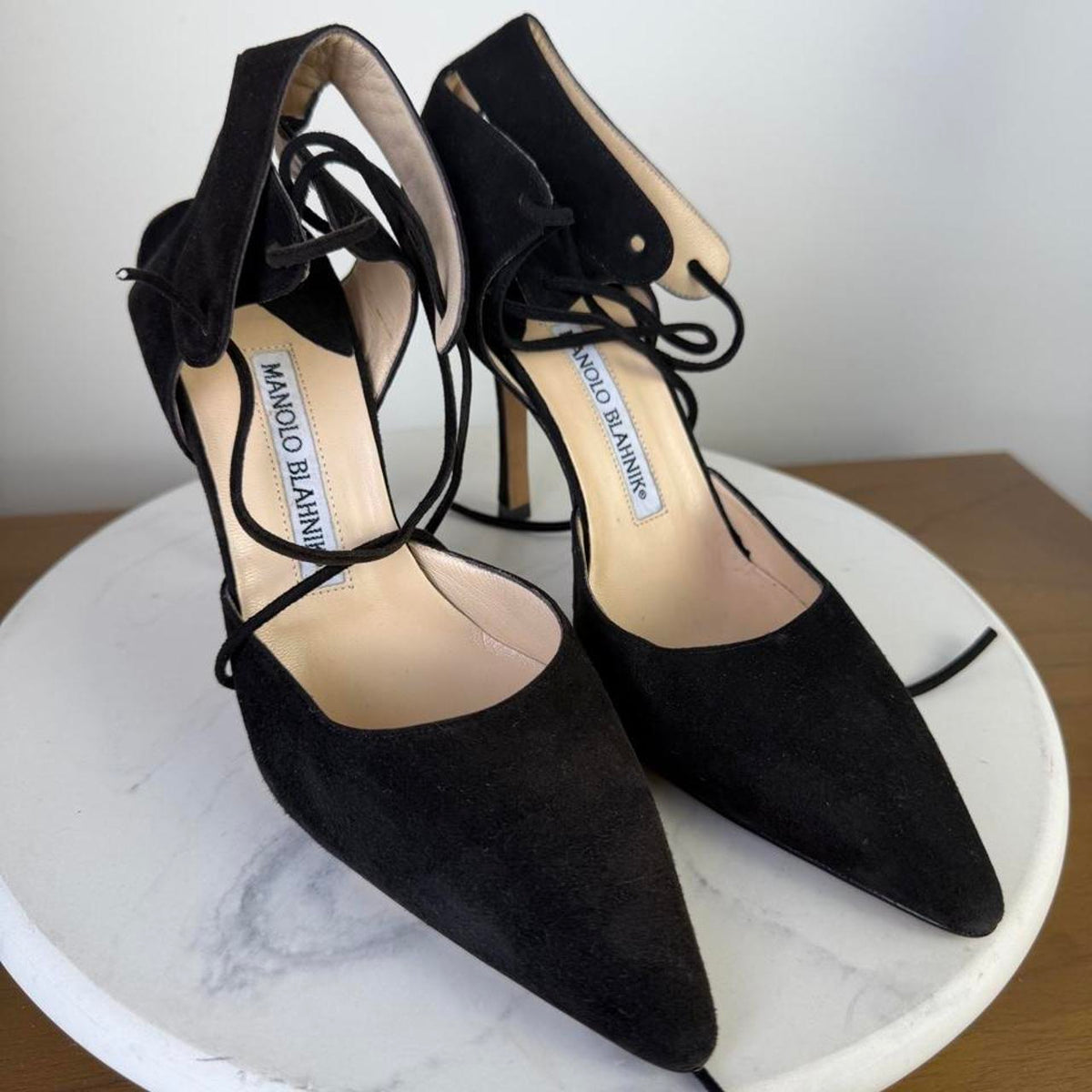 Manolo Blahnik black suede heels with lace up detail #luxury #designer