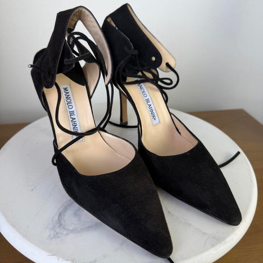Manolo Blahnik black suede heels with lace up detail #luxury #designer