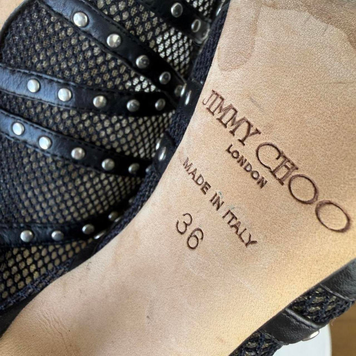 Jimmy Choo black mesh studded wedge sandals with silver studs, size 36 eu #wedges #designer