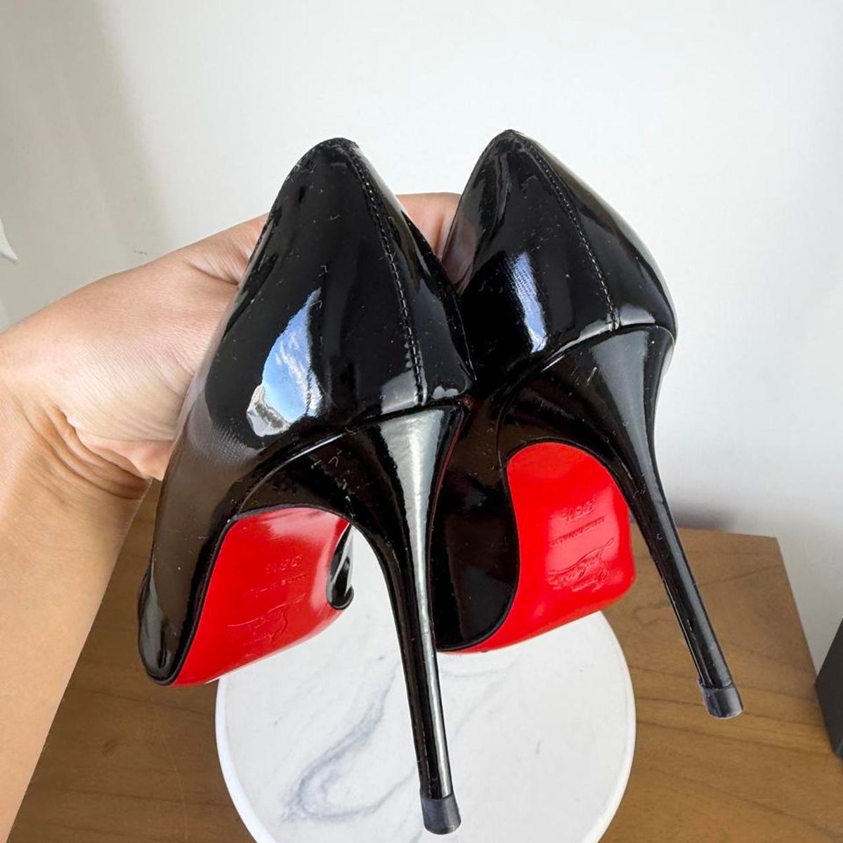 Christian Louboutin black patent leather peep toe heels with red sole #glamour #luxury