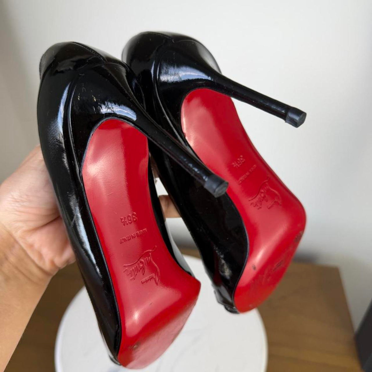 Christian Louboutin black patent leather peep toe heels with red sole #glamour #luxury