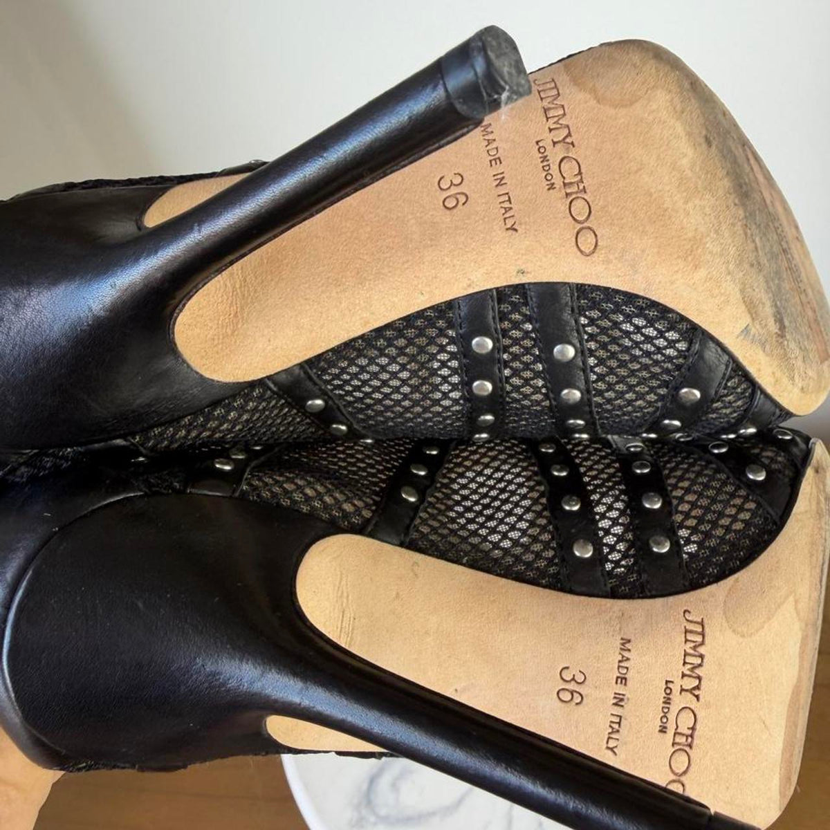 Jimmy Choo black mesh studded wedge sandals with silver studs, size 36 eu #wedges #designer