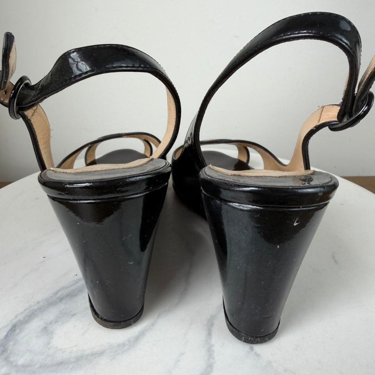 Christian Louboutin black patent leather peep toe slingback heels #luxury #designer