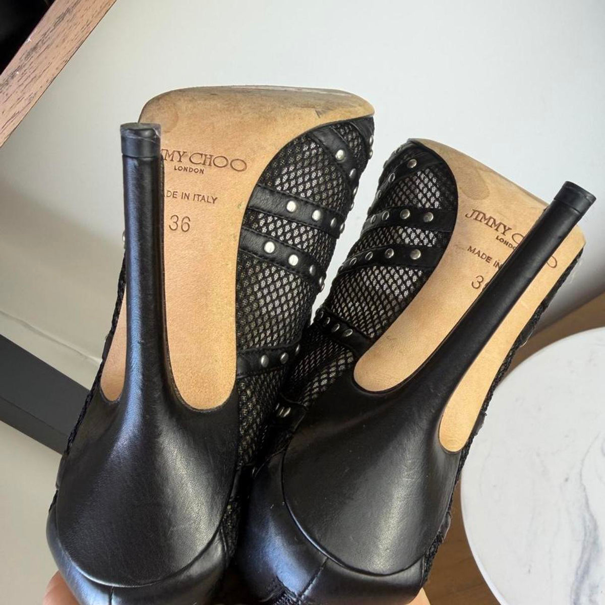 Jimmy Choo black mesh studded wedge sandals with silver studs, size 36 eu #wedges #designer