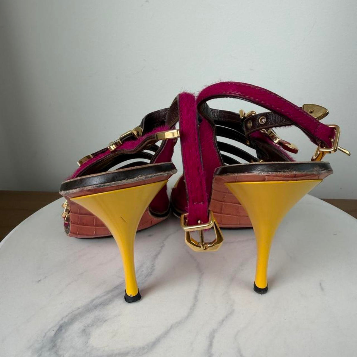 Louis Vuitton multicolored sandals with gold buckles and straps in magenta, orange, and yellow #luxury #designer