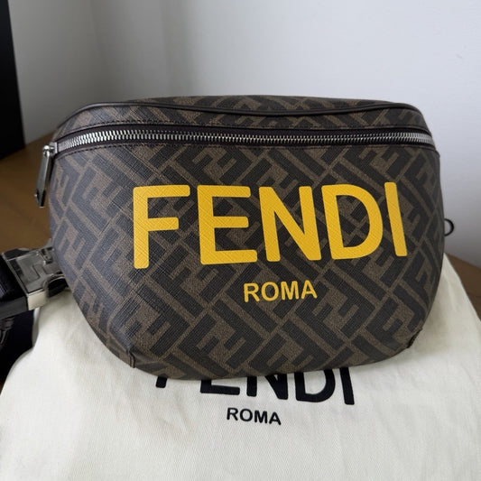 Fendi Zucca FF Monogram Canvas/Leather Belt Bag Brown Black Silver Zip