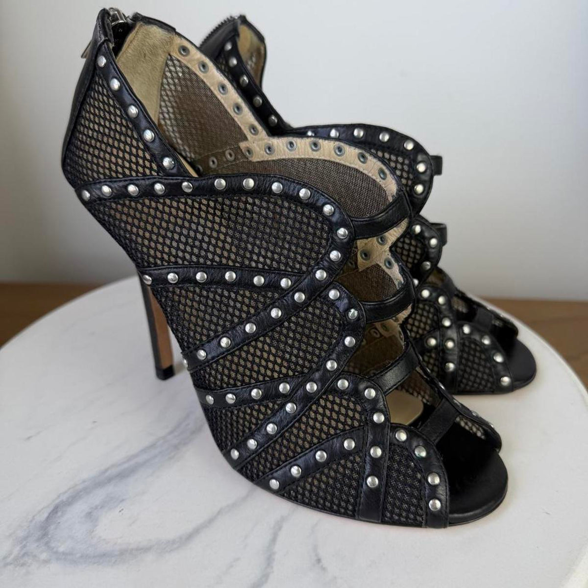 Jimmy Choo black mesh studded wedge sandals with silver studs, size 36 eu #wedges #designer